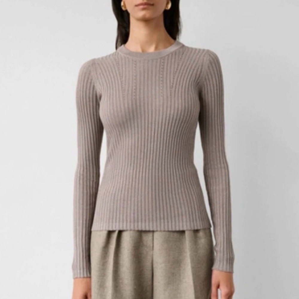 White + Warren Lurex Gold Shine Ribbed Mauve Crewneck Sweater Size Small